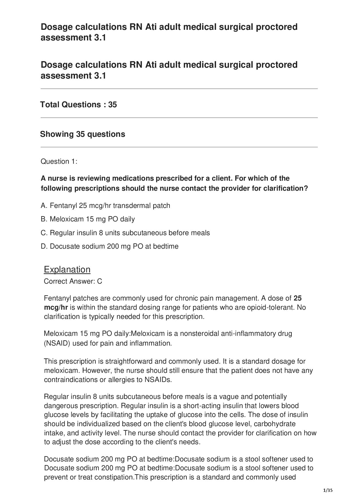 Dosage calculations RN Ati adult medical surgical proctored assessment 3.1 — page 1 of 35