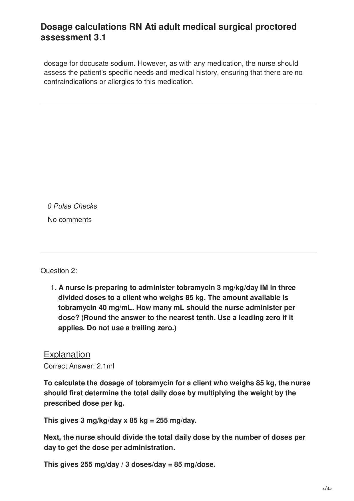Dosage calculations RN Ati adult medical surgical proctored assessment 3.1 — page 2 of 35