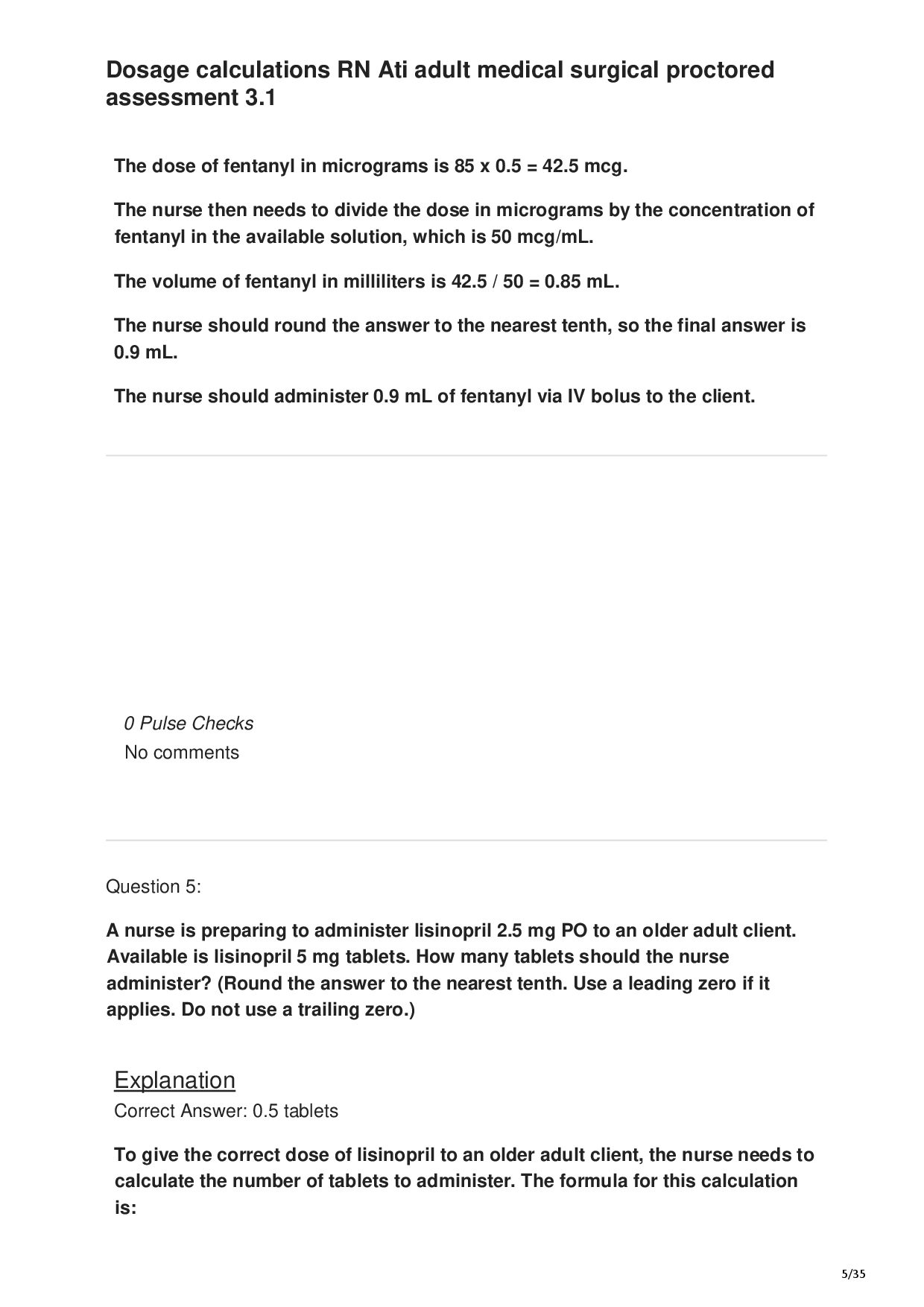 Dosage calculations RN Ati adult medical surgical proctored assessment 3.1 — page 5 of 35